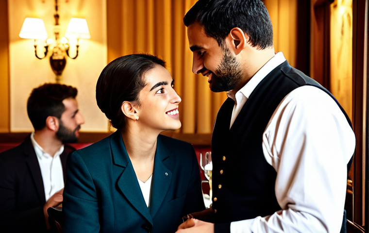 Restaurant Scene**

"A fully clothed waiter in a professional uniform politely interacting with a customer at a cozy Lisbon restaurant, appropriate attire, safe for work, perfect anatomy, natural pose, warm lighting, focus on the interaction, modest environment, high quality, professional photography."

**