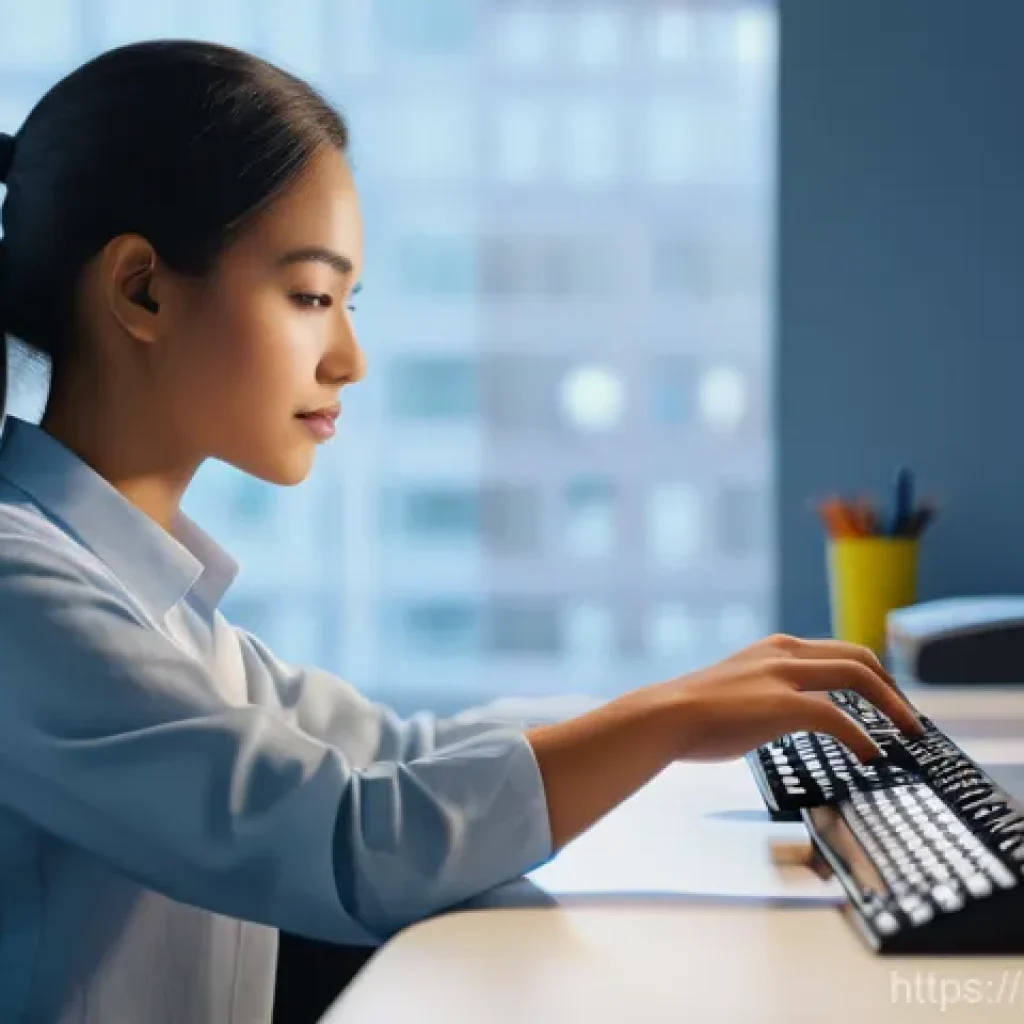 데이터 라벨링 과정 - **A diligent data labeler at work.**
A focused young adult, with neat, shoulder-length hair, wea...