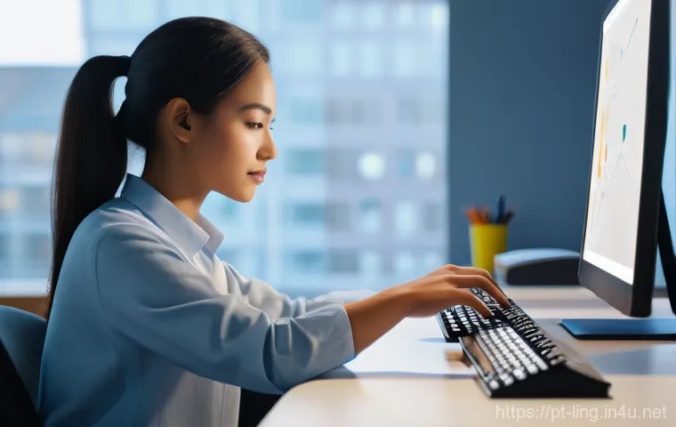데이터 라벨링 과정 - **A diligent data labeler at work.**
A focused young adult, with neat, shoulder-length hair, wea...