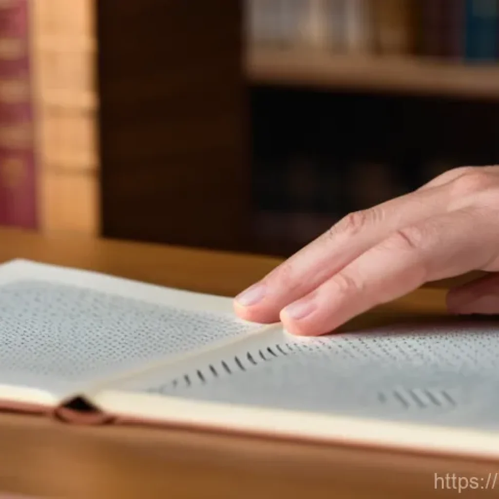 점자 언어 구조 - A close-up shot of a person's hands, with fingertips delicately tracing the embossed Braille dots on...