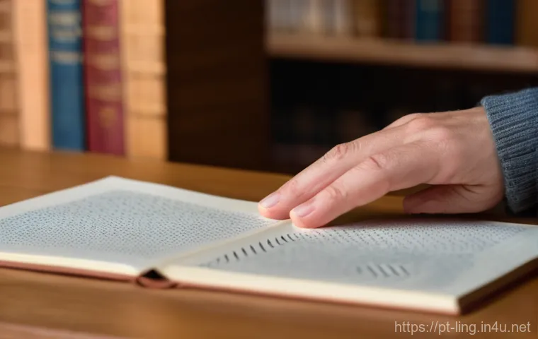 점자 언어 구조 - A close-up shot of a person's hands, with fingertips delicately tracing the embossed Braille dots on...
