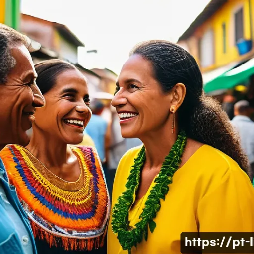 화자의 정체성 - A diverse group of Brazilian people engaged in lively conversation outdoors in a vibrant local marke...