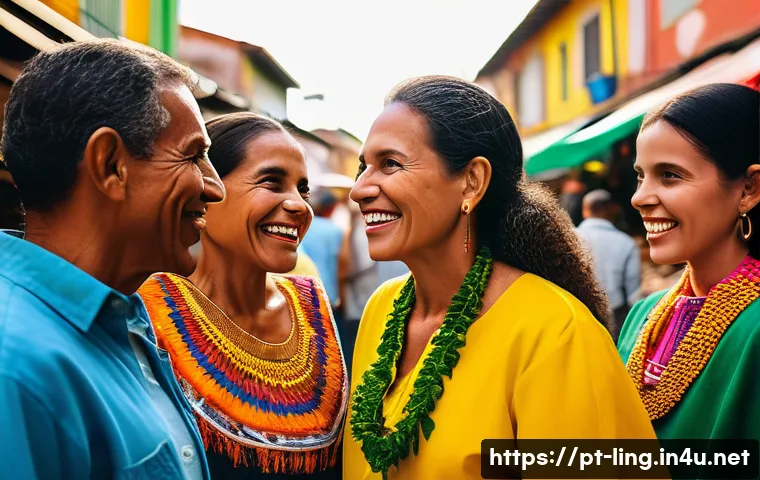 화자의 정체성 - A diverse group of Brazilian people engaged in lively conversation outdoors in a vibrant local marke...