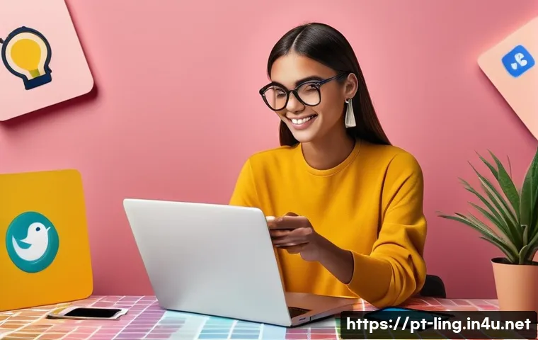 언어와 소셜 미디어 - A vibrant digital workspace scene showing a young Brazilian professional woman using a laptop and sm...