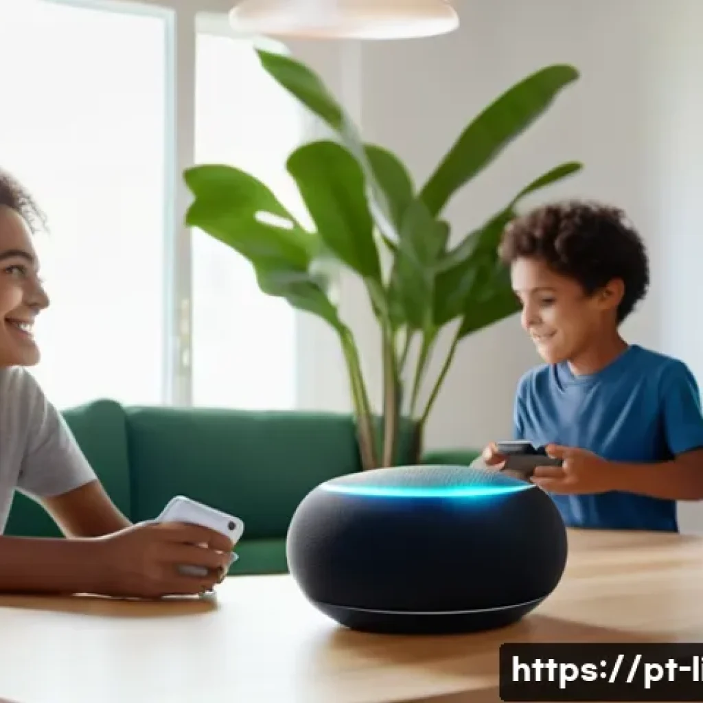 음성 인식 기술 - A modern Brazilian family in a smart living room using voice-controlled devices: a mother speaking t...