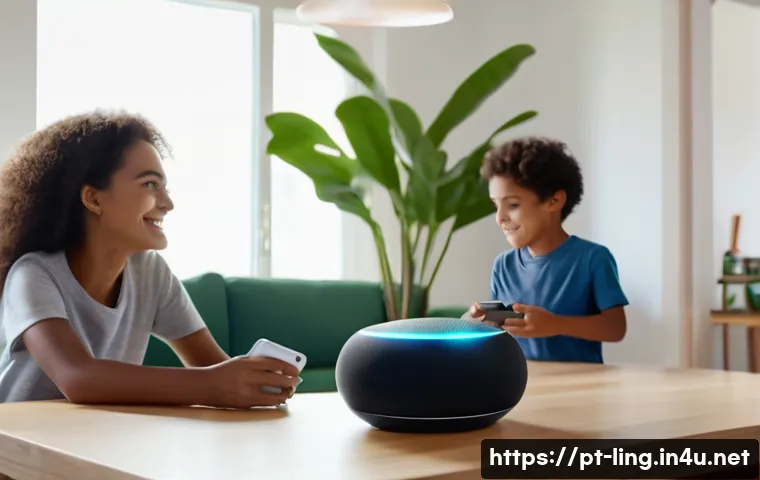 음성 인식 기술 - A modern Brazilian family in a smart living room using voice-controlled devices: a mother speaking t...