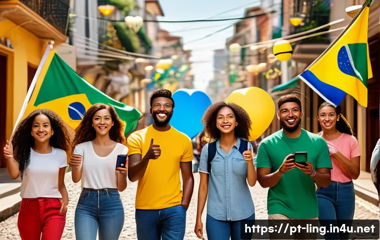 상징적 언어 연구 - A vibrant multicultural street scene in Brazil featuring diverse people communicating using universa...