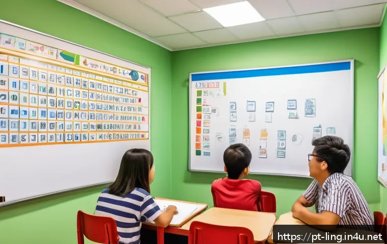 한국어 통사론 - A vibrant classroom scene in Brazil with a diverse group of adult students attentively learning Kore...