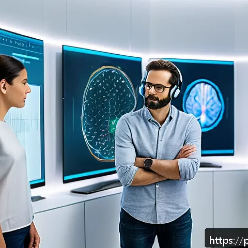 뇌파와 언어 분석 - A modern neuroscience laboratory scene featuring a diverse group of researchers wearing casual cloth...