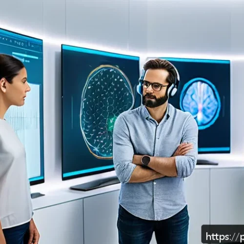 Home 32 뇌파와 언어 분석 - A modern neuroscience laboratory scene featuring a diverse group of researchers wearing casual cloth...