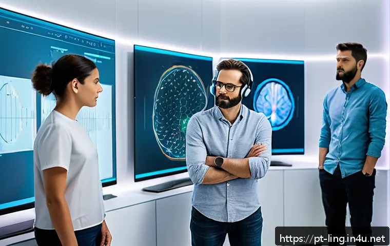 뇌파와 언어 분석 - A modern neuroscience laboratory scene featuring a diverse group of researchers wearing casual cloth...