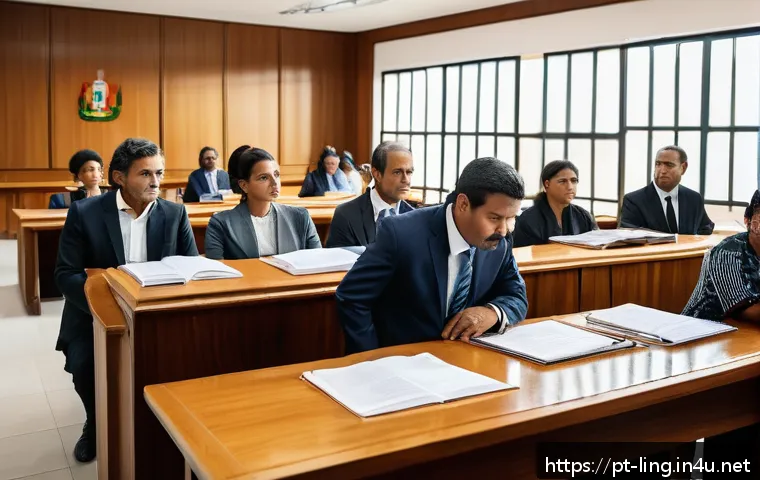 언어와 법률 - A courtroom scene in Brazil featuring a diverse group of people including indigenous, quilombola, an...
