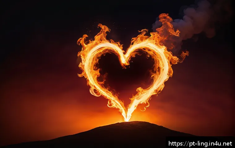 시적 언어 연구 - A vivid, poetic scene of a heart transformed into a blazing fire, glowing warmly within a human ches...
