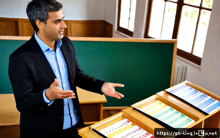 한국어 의미론 - Photorealistic university linguistics classroom in Portugal, an adult professor guiding students thr...